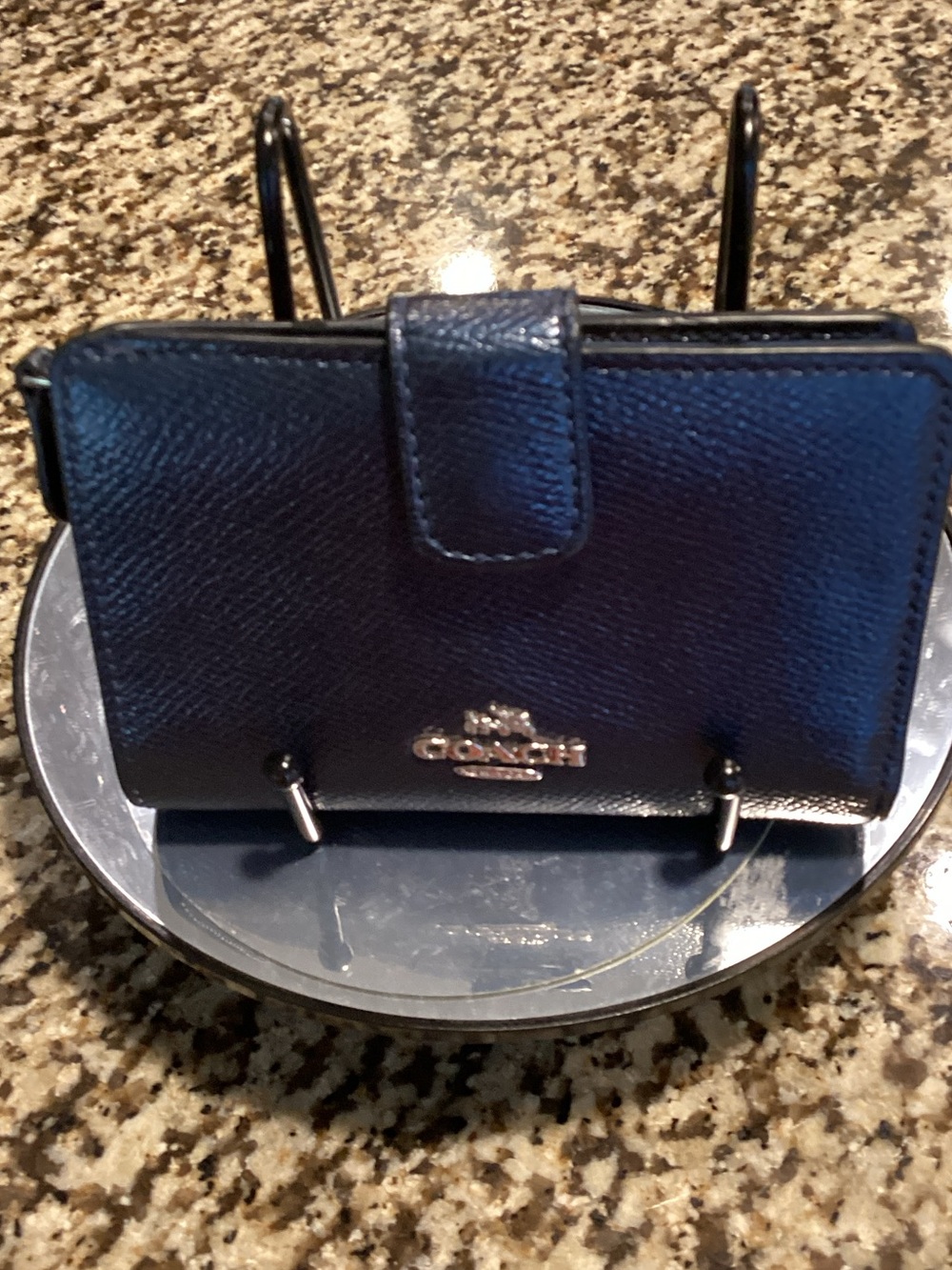 Coach Navy Leather Compact Wallet with Logo Plaque. EUC